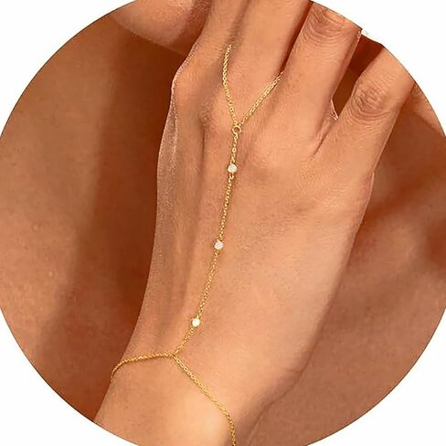 Gold Hand Chain Bracelet, 14k Gold Plated, Yellow Gold, Women, Dainty Ring Bracelet Cuff, Adult, Medium, 20 Grams, Gold Plated Silver, 2 Inches in Kuwait
