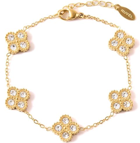 Ruvel Gold Flower Bracelet for Women, 18K Gold Plated 316L Stainless Steel Four Leaf Clover Link Chain with Cubic Zirconia in Saudi Arabia