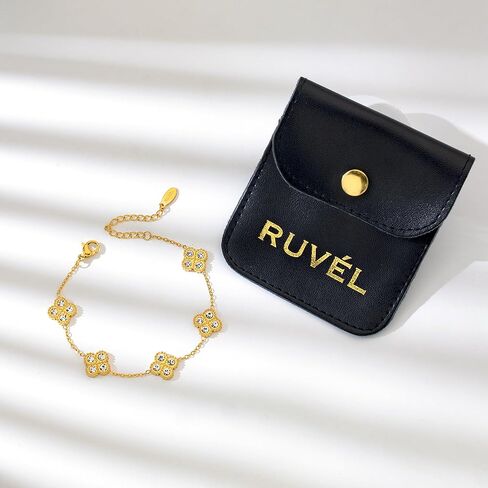 Ruvel Gold Flower Bracelet for Women, 18K Gold Plated 316L Stainless Steel Four Leaf Clover Link Chain with Cubic Zirconia in Saudi Arabia