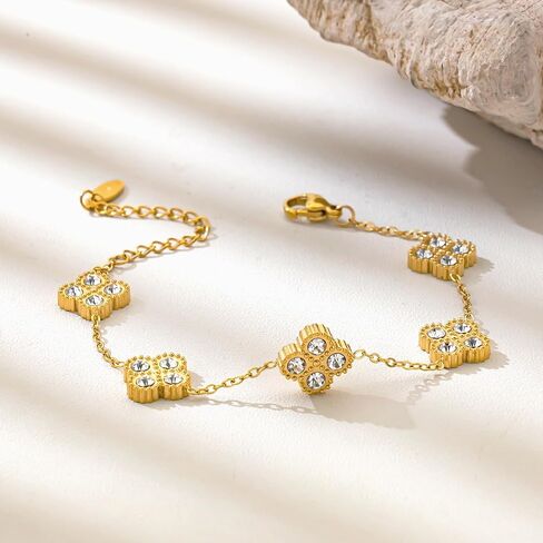 Ruvel Gold Flower Bracelet for Women, 18K Gold Plated 316L Stainless Steel Four Leaf Clover Link Chain with Cubic Zirconia in Saudi Arabia