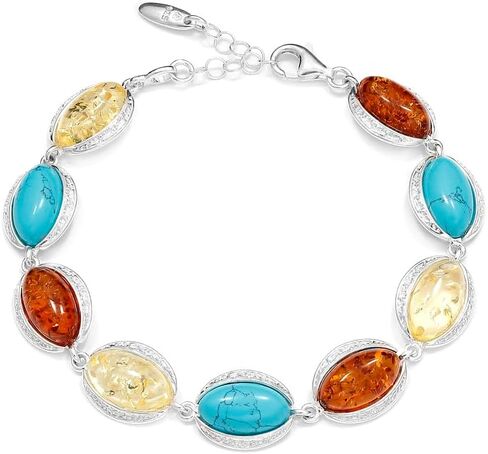 Sterling Silver Cognac & Lemon Baltic Amber with Turquoise Link Bracelet in Saudi Arabia