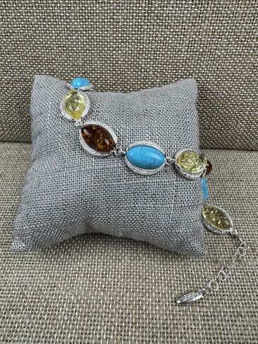 Sterling Silver Cognac & Lemon Baltic Amber with Turquoise Link Bracelet in Saudi Arabia