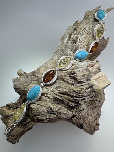 Sterling Silver Cognac & Lemon Baltic Amber with Turquoise Link Bracelet in Saudi Arabia