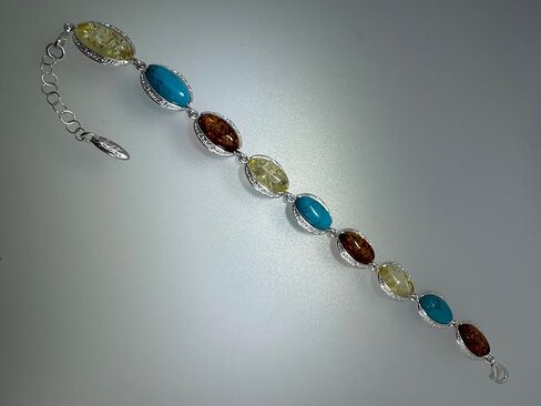 Sterling Silver Cognac & Lemon Baltic Amber with Turquoise Link Bracelet in Saudi Arabia