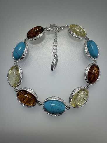 Sterling Silver Cognac & Lemon Baltic Amber with Turquoise Link Bracelet in Saudi Arabia