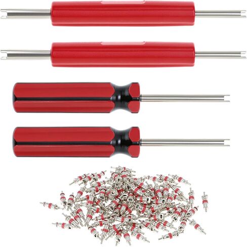 QWORK Tire Repair Tool Set, Dual & Single Head Valve Core Remover Tools, 100 Replacement Valve Stem Cores, Copper Nickel-Plated, Compatible with Cars, Trucks, Motorcycles in Saudi Arabia