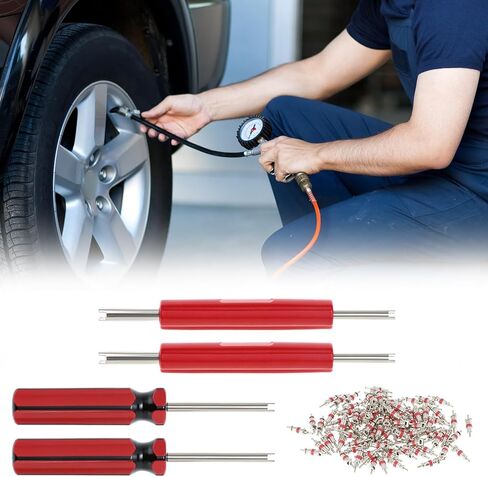 QWORK Tire Repair Tool Set, Dual & Single Head Valve Core Remover Tools, 100 Replacement Valve Stem Cores, Copper Nickel-Plated, Compatible with Cars, Trucks, Motorcycles in Saudi Arabia