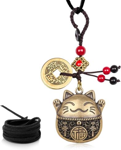 Lucky Cat Rearview Mirror Pendant with Five Emperors Feng Shui Coins, Brass Maneki Neko Charm for Good Luck and Wealth, Tassel Hanging Decoration, Car Interior Accessories in Kuwait