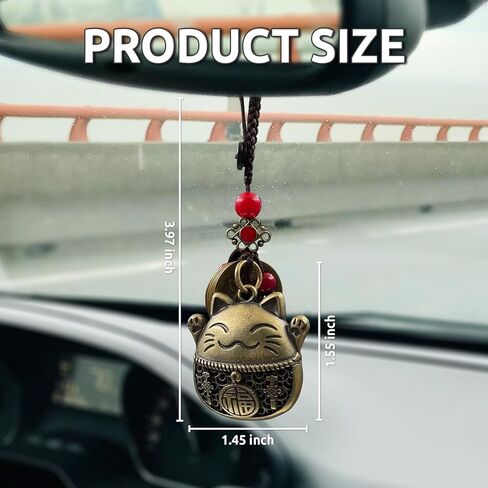 Lucky Cat Rearview Mirror Pendant with Five Emperors Feng Shui Coins, Brass Maneki Neko Charm for Good Luck and Wealth, Tassel Hanging Decoration, Car Interior Accessories in Kuwait