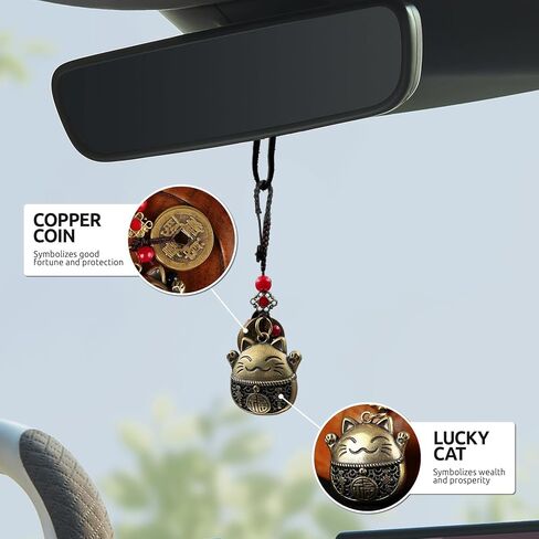 Lucky Cat Rearview Mirror Pendant with Five Emperors Feng Shui Coins, Brass Maneki Neko Charm for Good Luck and Wealth, Tassel Hanging Decoration, Car Interior Accessories in Kuwait