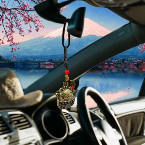 Lucky Cat Rearview Mirror Pendant with Five Emperors Feng Shui Coins, Brass Maneki Neko Charm for Good Luck and Wealth, Tassel Hanging Decoration, Car Interior Accessories in Kuwait