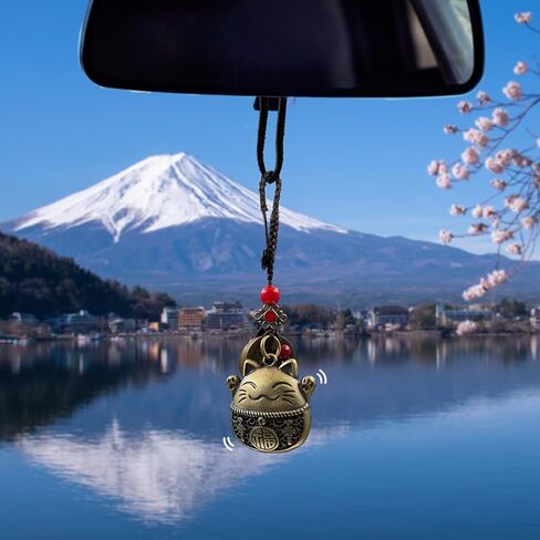 Lucky Cat Rearview Mirror Pendant with Five Emperors Feng Shui Coins, Brass Maneki Neko Charm for Good Luck and Wealth, Tassel Hanging Decoration, Car Interior Accessories in Kuwait