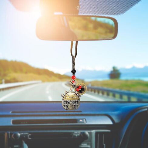 Lucky Cat Rearview Mirror Pendant with Five Emperors Feng Shui Coins, Brass Maneki Neko Charm for Good Luck and Wealth, Tassel Hanging Decoration, Car Interior Accessories in Kuwait