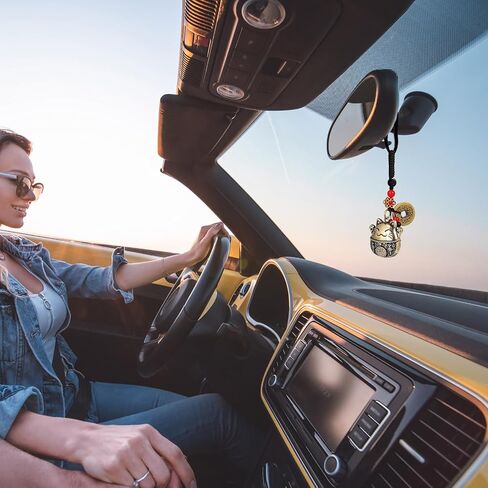 Lucky Cat Rearview Mirror Pendant with Five Emperors Feng Shui Coins, Brass Maneki Neko Charm for Good Luck and Wealth, Tassel Hanging Decoration, Car Interior Accessories in Kuwait