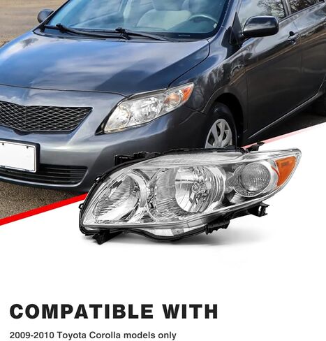 Headlight Assembly compatible with Toyota 09 10 Corolla Base/CE/LE/XLE Models North America Built Vehicle for 2009-2010 Corolla Headlamp Chrome Housing Amber Reflector Replacement L+R（W/O Bulbs） in Saudi Arabia
