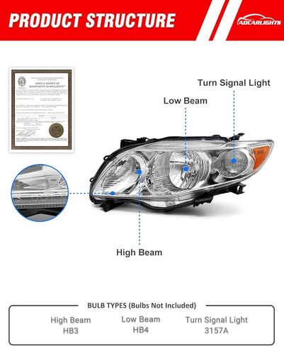 Headlight Assembly compatible with Toyota 09 10 Corolla Base/CE/LE/XLE Models North America Built Vehicle for 2009-2010 Corolla Headlamp Chrome Housing Amber Reflector Replacement L+R（W/O Bulbs） in Saudi Arabia
