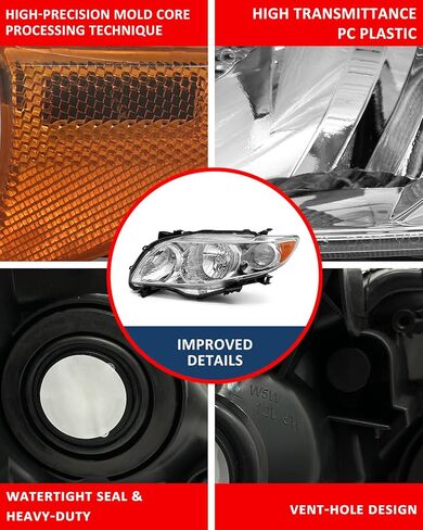 Headlight Assembly compatible with Toyota 09 10 Corolla Base/CE/LE/XLE Models North America Built Vehicle for 2009-2010 Corolla Headlamp Chrome Housing Amber Reflector Replacement L+R（W/O Bulbs） in Saudi Arabia