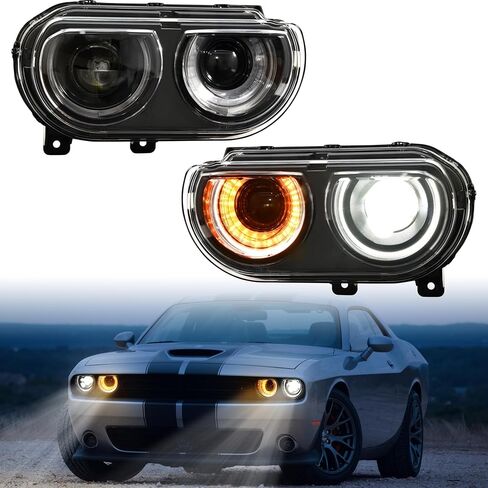 LED Headlights for Dodge Challenger 2008-2014 Accessories, Full LED Projector Head Lamp with Halo White DRL HI/LO Beam Amber Turn Signal, Plug-and-play, Bulbs Included, 2PCS in Saudi Arabia