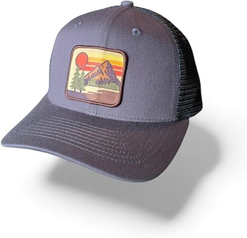 Vintage Mountain Sunset Trucker Hat, Brown and Gray, Cotton Mesh, Outdoor Adventure Patch Design, Snapback Baseball Cap in Kuwait