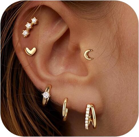 Mujahid 14K Gold Plated Stud single-ear Earrings for Women Hypoallergenic Cartilage Earrings for Multiple Piercing, Dainty Small Stackable Earrings Jewelry Set,Christmas Stocking Stuffers in Saudi Arabia