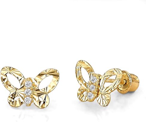 14k REAL Yellow Gold Diamond Cut Butterfly Stud Earrings with Screw Back in Saudi Arabia