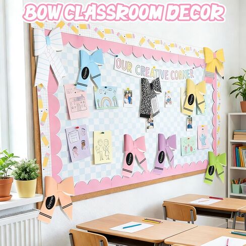 Pastel Bow Classroom Decor Paper Bow Bulletin Board End of Year Classroom Door Decor Pencil Crayon Coquette Teacher Banner for Bulletin Board Graduation Chalkboard Decors(54 Pcs,Pastel) in Saudi Arabia