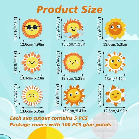 45 PCS Cute Sun Cutouts for Bulletin Board Decoration, Assorted Sun Shape Paper Cutouts Student Nameplates for Craft Spring Summer Back to School Party Classroom Office Decorations in Saudi Arabia