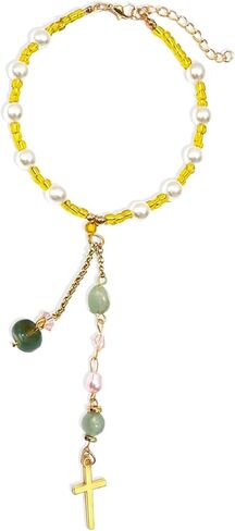 Natural Jade Cross Car Hanging Ornament,Handmade Glass Beaded Charm with Pearl,Car Hanging Accessories Sun Catcher for Cars Rear View Mirror,Universal Rear View Mirror Accessories (Gold) in Saudi Arabia