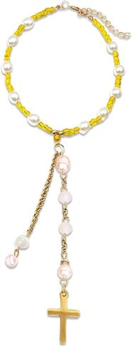 Natural Jade Cross Car Hanging Ornament,Handmade Glass Beaded Charm with Pearl,Car Hanging Accessories Sun Catcher for Cars Rear View Mirror,Universal Rear View Mirror Accessories (Gold) in Saudi Arabia