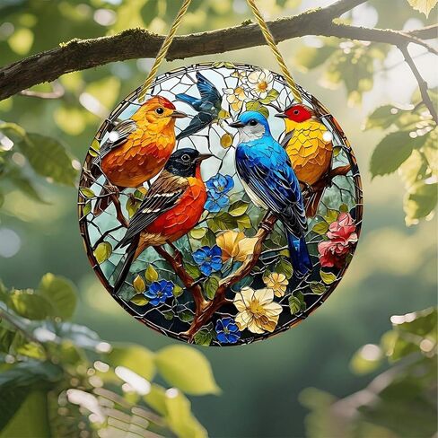 Colorful Acrylic Suncatcher, Birds Perched on Branch with Flowers 7-inch Hanging Window Wall Art Decor with Printed Stained Glass Style Design, Gift Idea & Garden Ornament Indoor Outdoor Use in Saudi Arabia