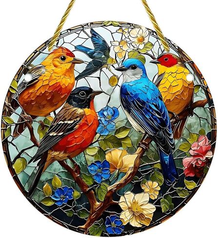 Colorful Acrylic Suncatcher, Birds Perched on Branch with Flowers 7-inch Hanging Window Wall Art Decor with Printed Stained Glass Style Design, Gift Idea & Garden Ornament Indoor Outdoor Use in Saudi Arabia