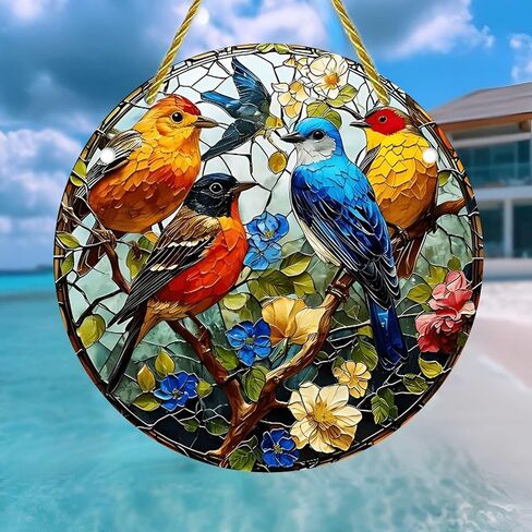 Colorful Acrylic Suncatcher, Birds Perched on Branch with Flowers 7-inch Hanging Window Wall Art Decor with Printed Stained Glass Style Design, Gift Idea & Garden Ornament Indoor Outdoor Use in Saudi Arabia