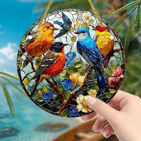 Colorful Acrylic Suncatcher, Birds Perched on Branch with Flowers 7-inch Hanging Window Wall Art Decor with Printed Stained Glass Style Design, Gift Idea & Garden Ornament Indoor Outdoor Use in Saudi Arabia