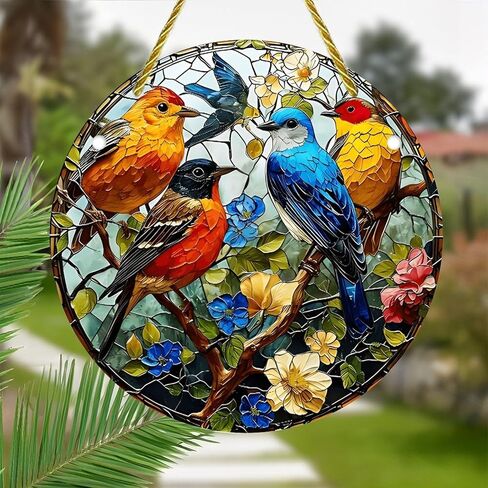 Colorful Acrylic Suncatcher, Birds Perched on Branch with Flowers 7-inch Hanging Window Wall Art Decor with Printed Stained Glass Style Design, Gift Idea & Garden Ornament Indoor Outdoor Use in Saudi Arabia