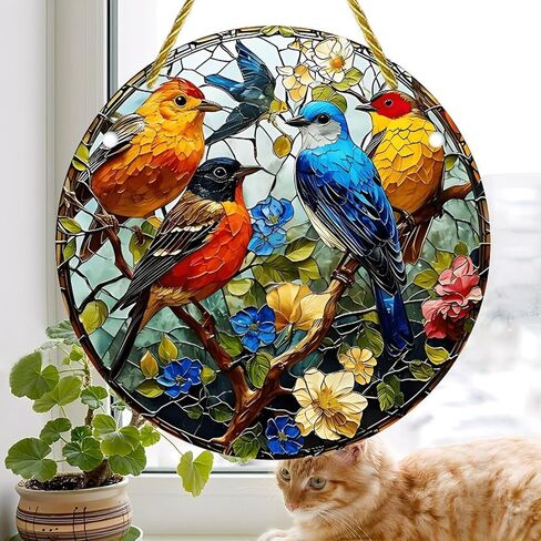 Colorful Acrylic Suncatcher, Birds Perched on Branch with Flowers 7-inch Hanging Window Wall Art Decor with Printed Stained Glass Style Design, Gift Idea & Garden Ornament Indoor Outdoor Use in Saudi Arabia