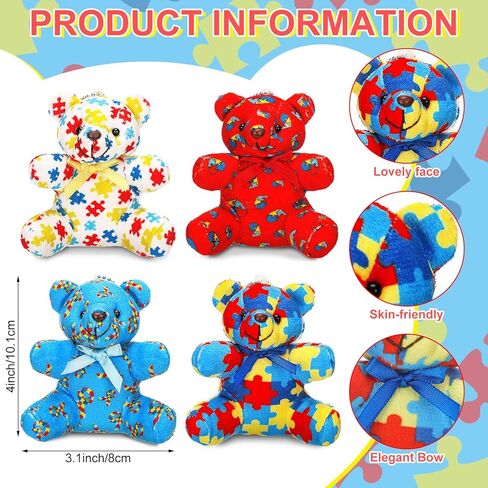 16 Pcs Autism Awareness Bears Bulk Blue Red Yellow Colorful Puzzle Heart Ribbon Bears Community Event Autism Awareness Day Gifts in Kuwait