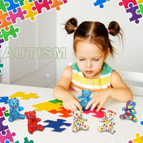 16 Pcs Autism Awareness Bears Bulk Blue Red Yellow Colorful Puzzle Heart Ribbon Bears Community Event Autism Awareness Day Gifts in Kuwait