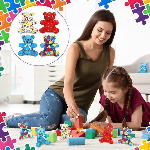 16 Pcs Autism Awareness Bears Bulk Blue Red Yellow Colorful Puzzle Heart Ribbon Bears Community Event Autism Awareness Day Gifts in Kuwait