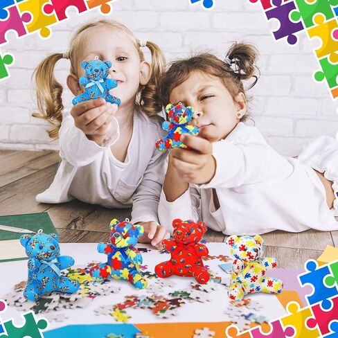 16 Pcs Autism Awareness Bears Bulk Blue Red Yellow Colorful Puzzle Heart Ribbon Bears Community Event Autism Awareness Day Gifts in Kuwait
