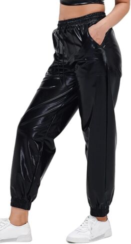 Women's Shiny Metallic Pants Wet Look Hip Hop Jogger Sweatpants Holographic Glitter Pants Rave Dance Pants with Pockets in Saudi Arabia