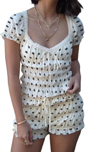 Women 2pcs Ruffle Pajamas Set Solid/Dot Print Smocked V-Neck Lace Trim Short Sleeve Crop Top Shorts Loungewear in Kuwait