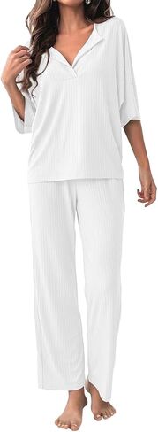 COSSEN Women’s 2 Piece Pajamas Set Ribbed Knit Loungewear Casual Outfits 3/4 Sleeve Tops and Wide Leg Pants Set in Saudi Arabia