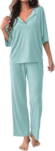 COSSEN Women’s 2 Piece Pajamas Set Ribbed Knit Loungewear Casual Outfits 3/4 Sleeve Tops and Wide Leg Pants Set in Saudi Arabia