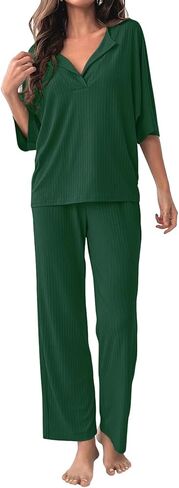 COSSEN Women’s 2 Piece Pajamas Set Ribbed Knit Loungewear Casual Outfits 3/4 Sleeve Tops and Wide Leg Pants Set in Saudi Arabia