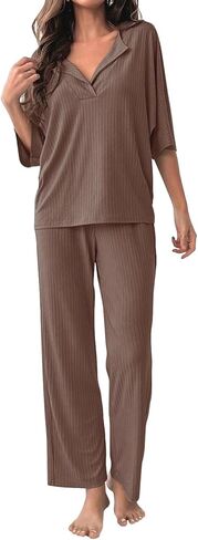 COSSEN Women’s 2 Piece Pajamas Set Ribbed Knit Loungewear Casual Outfits 3/4 Sleeve Tops and Wide Leg Pants Set in Saudi Arabia
