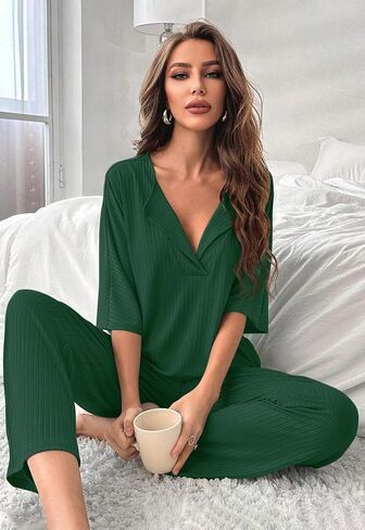 COSSEN Women’s 2 Piece Pajamas Set Ribbed Knit Loungewear Casual Outfits 3/4 Sleeve Tops and Wide Leg Pants Set in Saudi Arabia
