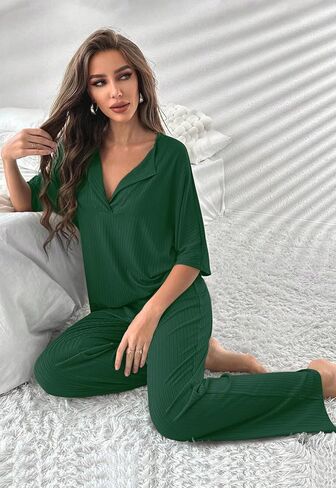 COSSEN Women’s 2 Piece Pajamas Set Ribbed Knit Loungewear Casual Outfits 3/4 Sleeve Tops and Wide Leg Pants Set in Saudi Arabia