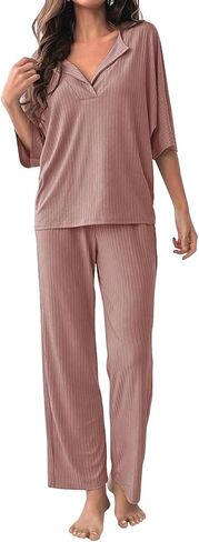 COSSEN Women’s 2 Piece Pajamas Set Ribbed Knit Loungewear Casual Outfits 3/4 Sleeve Tops and Wide Leg Pants Set in Saudi Arabia