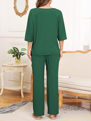 COSSEN Women’s 2 Piece Pajamas Set Ribbed Knit Loungewear Casual Outfits 3/4 Sleeve Tops and Wide Leg Pants Set in Saudi Arabia