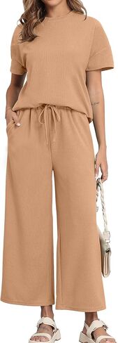 COSSEN Women’s 2 Piece Pajamas Set Ribbed Knit Loungewear Casual Outfits 3/4 Sleeve Tops and Wide Leg Pants Set in Saudi Arabia